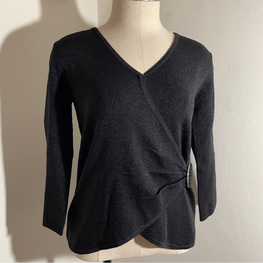 Black Sparkly V-Neck Faux Wrap Sweater Gold Ring Accent by Joseph A
Size Medium - Picture 5 of 15
